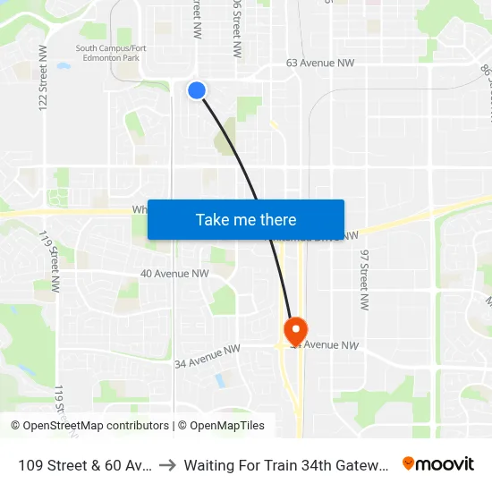 109 Street & 60 Avenue to Waiting For Train 34th Gateway Blvd. map