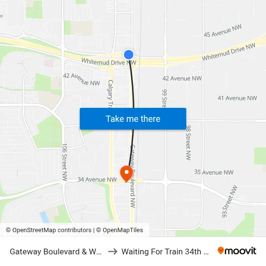 Gateway Boulevard & Whitemud Drive to Waiting For Train 34th Gateway Blvd. map