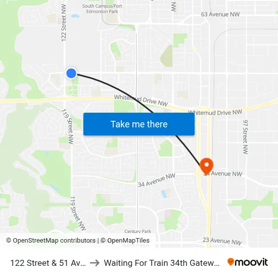 122 Street & 51 Avenue to Waiting For Train 34th Gateway Blvd. map
