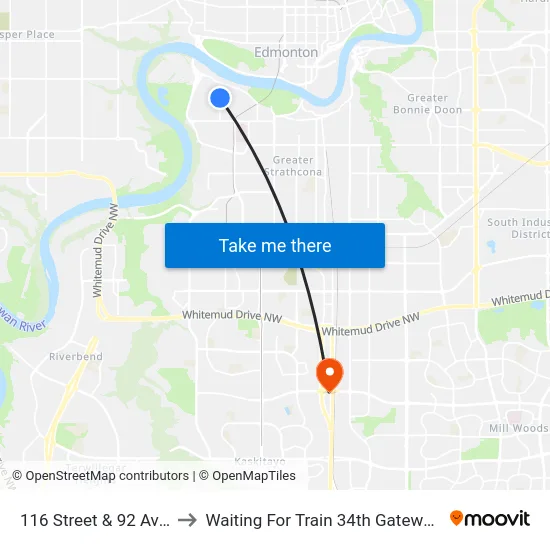 116 Street & 92 Avenue to Waiting For Train 34th Gateway Blvd. map