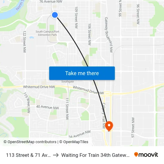 113 Street & 71 Avenue to Waiting For Train 34th Gateway Blvd. map
