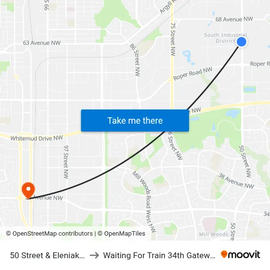 50 Street & Eleniak Road to Waiting For Train 34th Gateway Blvd. map