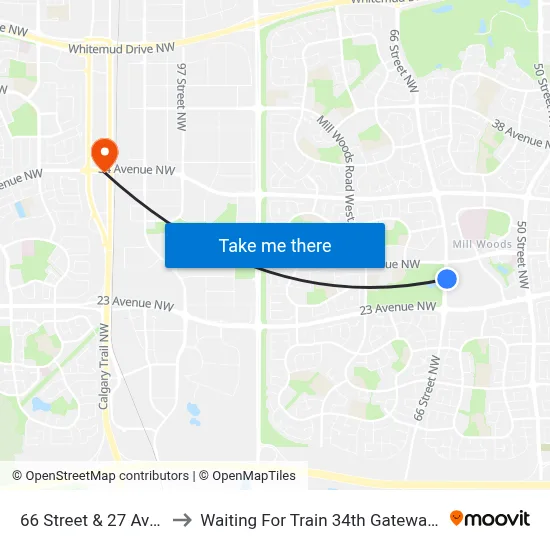 66 Street & 27 Avenue to Waiting For Train 34th Gateway Blvd. map
