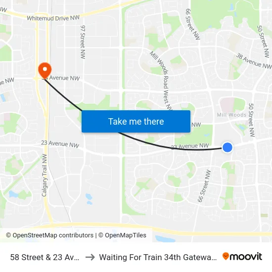 58 Street & 23 Avenue to Waiting For Train 34th Gateway Blvd. map
