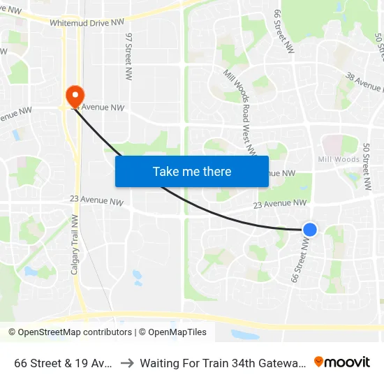 66 Street & 19 Avenue to Waiting For Train 34th Gateway Blvd. map