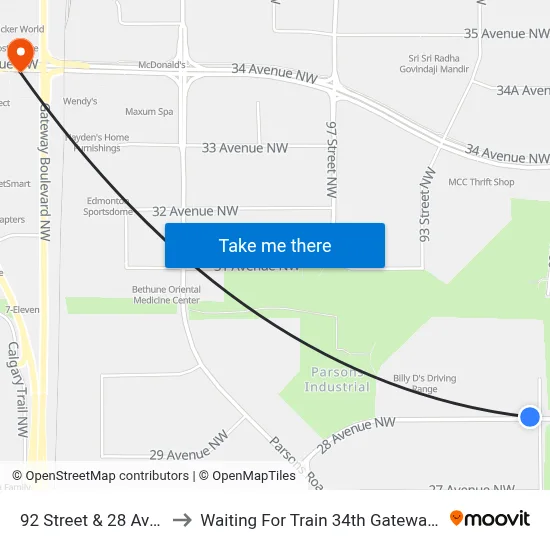 92 Street & 28 Avenue to Waiting For Train 34th Gateway Blvd. map