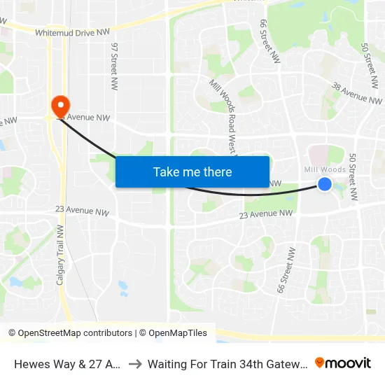 Hewes Way & 27 Avenue to Waiting For Train 34th Gateway Blvd. map