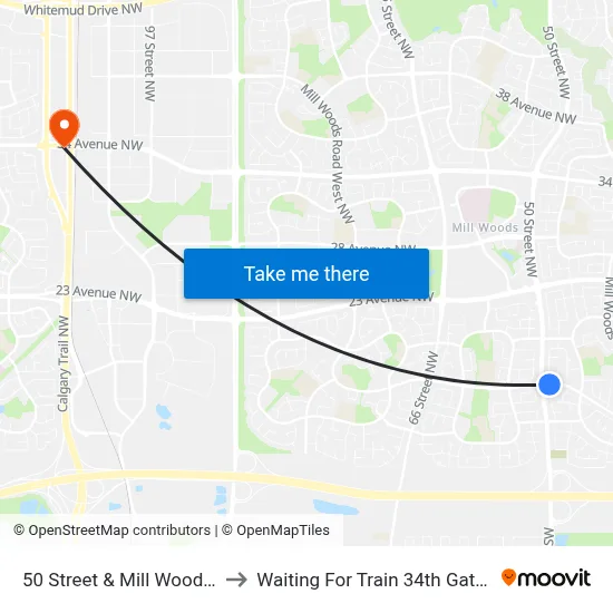 50 Street & Mill Woods Road S to Waiting For Train 34th Gateway Blvd. map