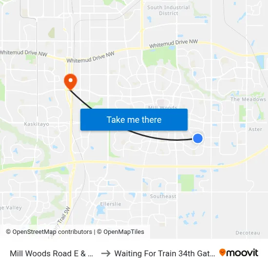 Mill Woods Road E & 17 Avenue to Waiting For Train 34th Gateway Blvd. map