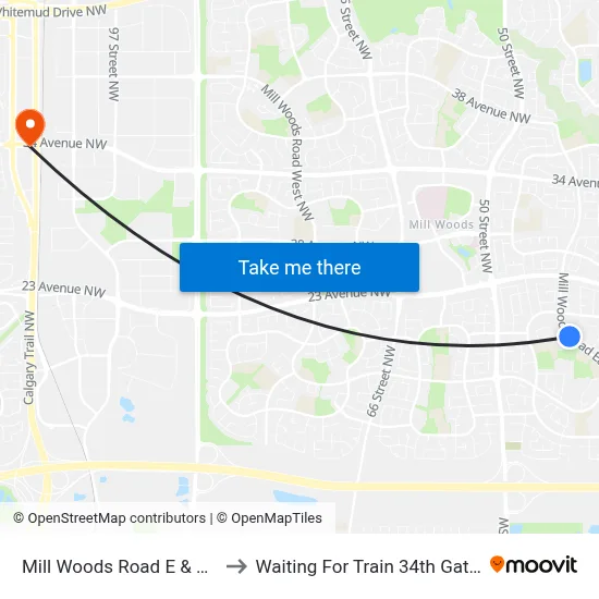 Mill Woods Road E & 18 Avenue to Waiting For Train 34th Gateway Blvd. map