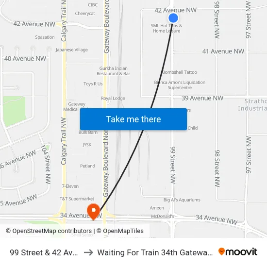 99 Street & 42 Avenue to Waiting For Train 34th Gateway Blvd. map