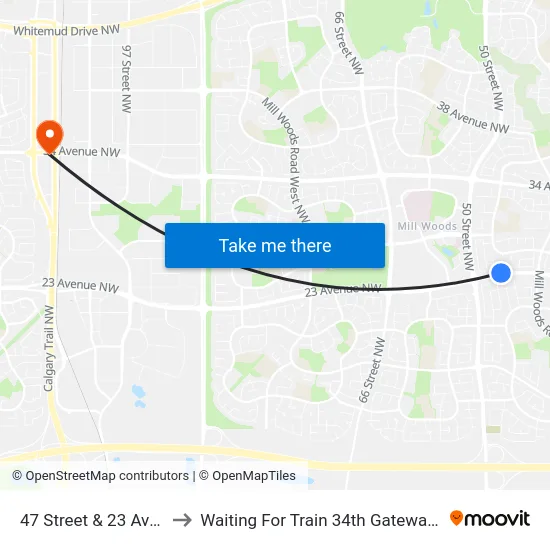47 Street & 23 Avenue to Waiting For Train 34th Gateway Blvd. map