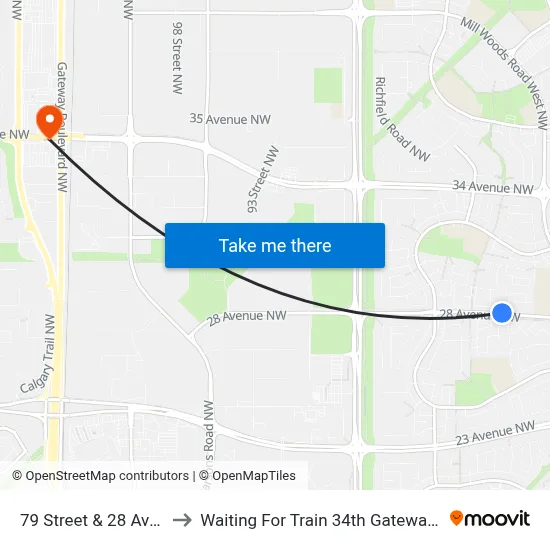 79 Street & 28 Avenue to Waiting For Train 34th Gateway Blvd. map