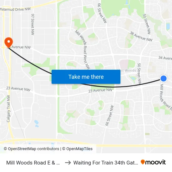 Mill Woods Road E & 26 Avenue to Waiting For Train 34th Gateway Blvd. map