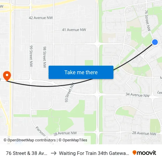 76 Street & 38 Avenue to Waiting For Train 34th Gateway Blvd. map