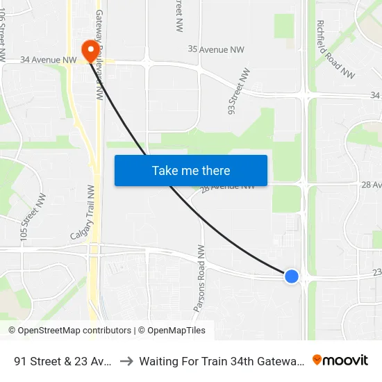 91 Street & 23 Avenue to Waiting For Train 34th Gateway Blvd. map