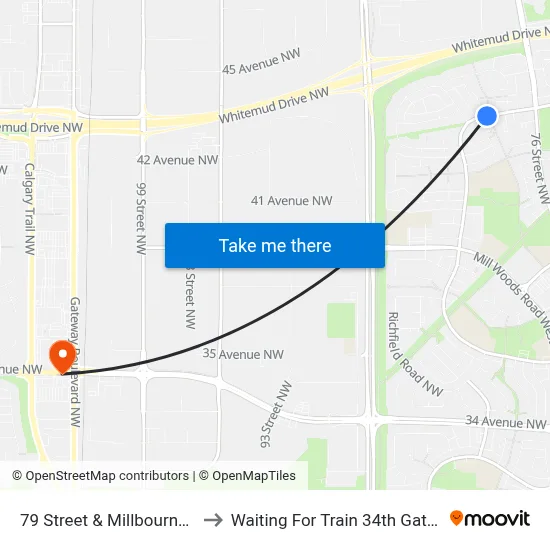 79 Street & Millbourne Road W to Waiting For Train 34th Gateway Blvd. map