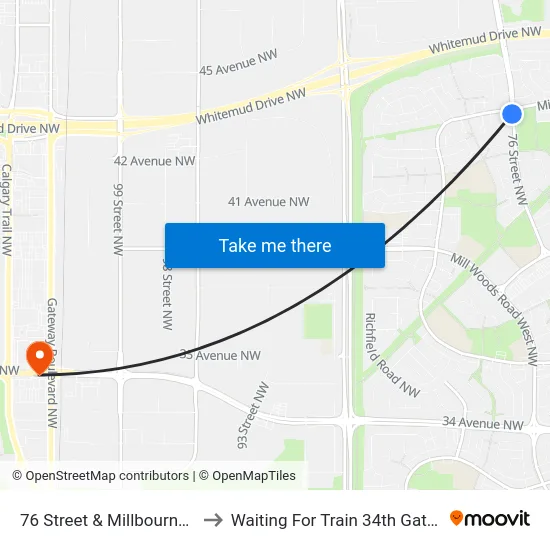76 Street & Millbourne Road W to Waiting For Train 34th Gateway Blvd. map