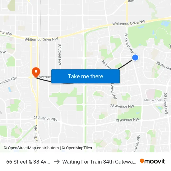 66 Street & 38 Avenue to Waiting For Train 34th Gateway Blvd. map