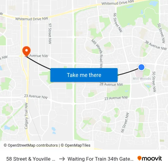 58 Street & Youville Drive W to Waiting For Train 34th Gateway Blvd. map