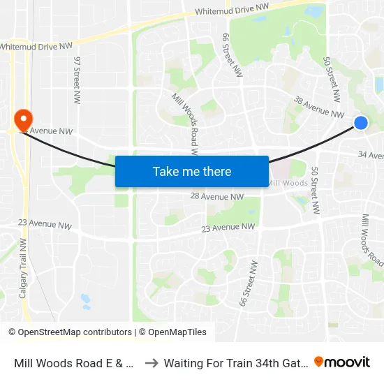 Mill Woods Road E & 38 Avenue to Waiting For Train 34th Gateway Blvd. map
