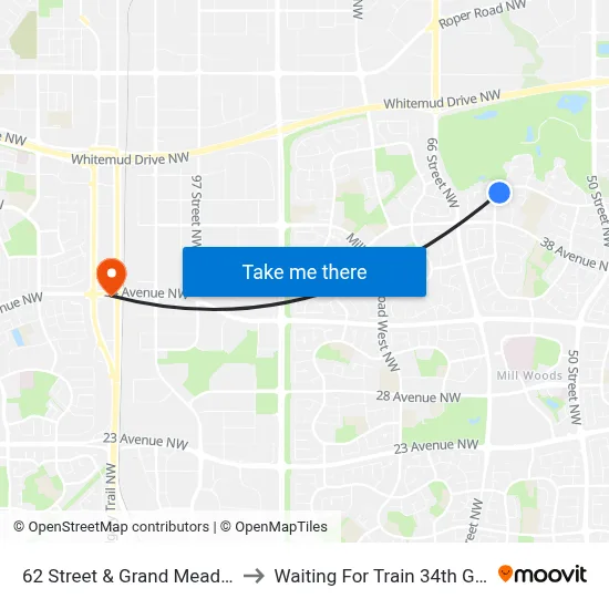 62 Street & Grand Meadow Crescent to Waiting For Train 34th Gateway Blvd. map