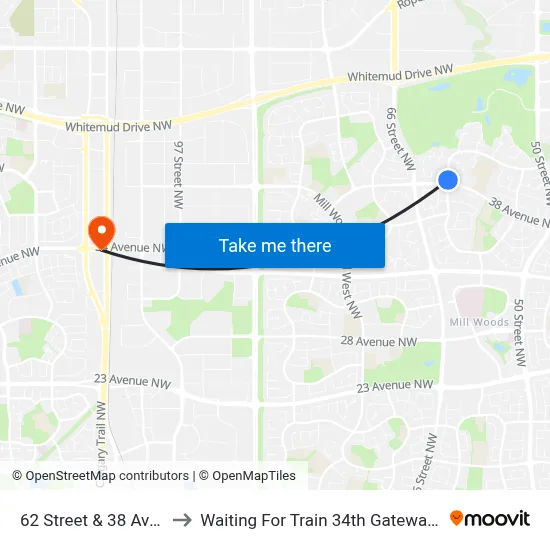62 Street & 38 Avenue to Waiting For Train 34th Gateway Blvd. map