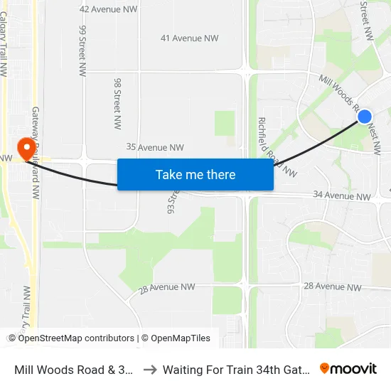 Mill Woods Road & 37 Avenue to Waiting For Train 34th Gateway Blvd. map