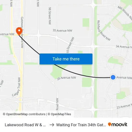 Lakewood Road W & 28 Avenue to Waiting For Train 34th Gateway Blvd. map