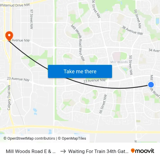 Mill Woods Road E & 20 Avenue to Waiting For Train 34th Gateway Blvd. map