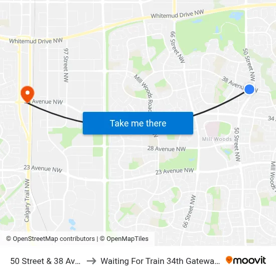 50 Street & 38 Avenue to Waiting For Train 34th Gateway Blvd. map