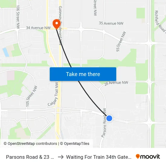 Parsons Road & 23 Avenue to Waiting For Train 34th Gateway Blvd. map