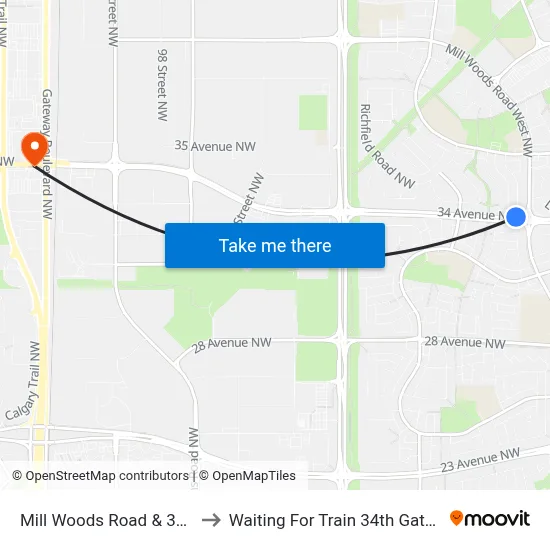 Mill Woods Road & 34 Avenue to Waiting For Train 34th Gateway Blvd. map