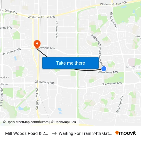 Mill Woods Road & 29 Avenue to Waiting For Train 34th Gateway Blvd. map
