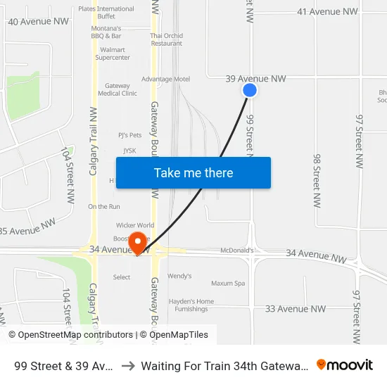 99 Street & 39 Avenue to Waiting For Train 34th Gateway Blvd. map