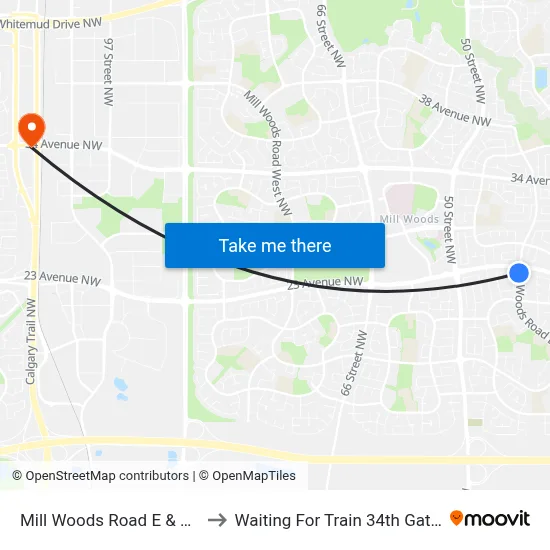 Mill Woods Road E & 23 Avenue to Waiting For Train 34th Gateway Blvd. map
