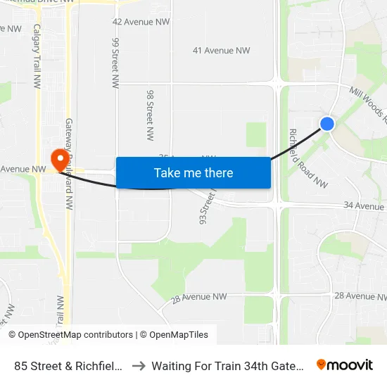 85 Street & Richfield Road to Waiting For Train 34th Gateway Blvd. map