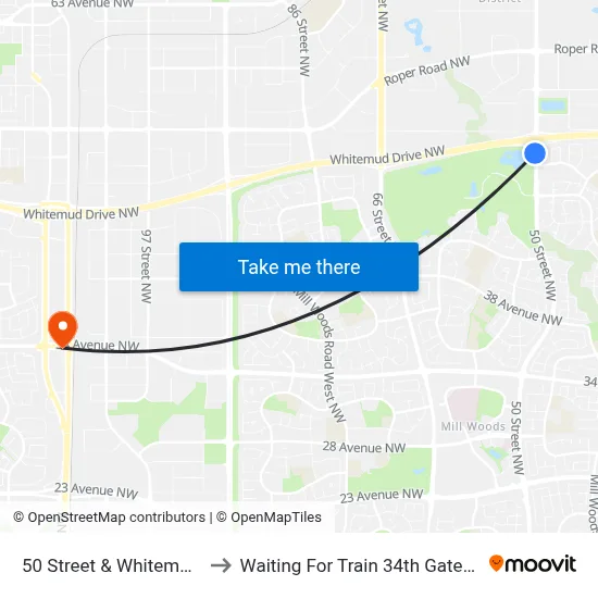 50 Street & Whitemud Drive to Waiting For Train 34th Gateway Blvd. map