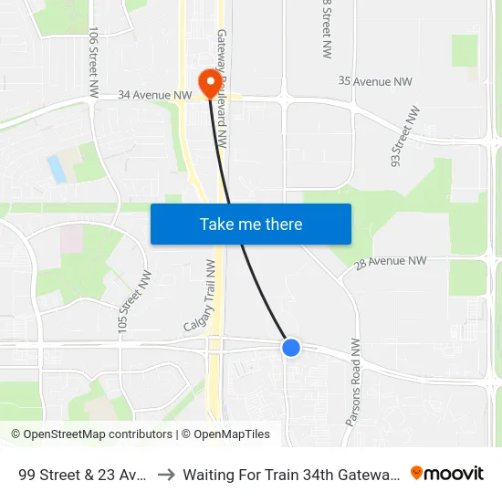 99 Street & 23 Avenue to Waiting For Train 34th Gateway Blvd. map