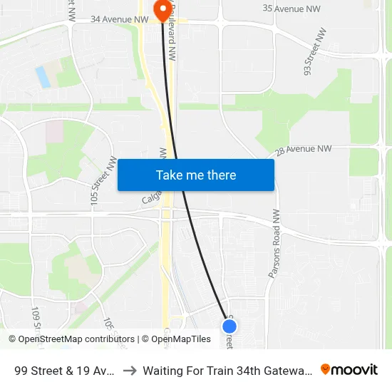 99 Street & 19 Avenue to Waiting For Train 34th Gateway Blvd. map