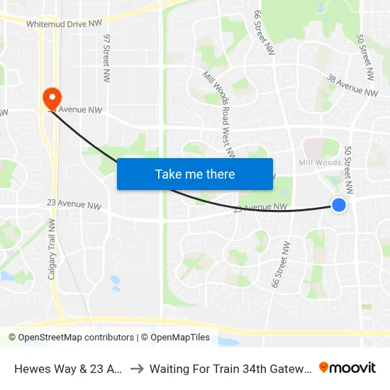 Hewes Way & 23 Avenue to Waiting For Train 34th Gateway Blvd. map