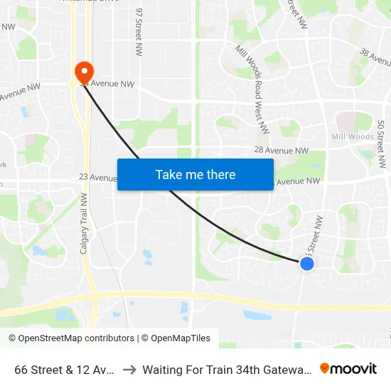 66 Street & 12 Avenue to Waiting For Train 34th Gateway Blvd. map