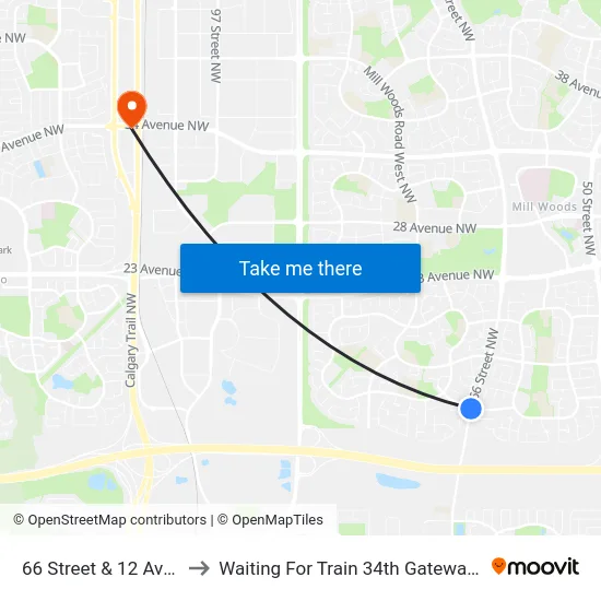 66 Street & 12 Avenue to Waiting For Train 34th Gateway Blvd. map