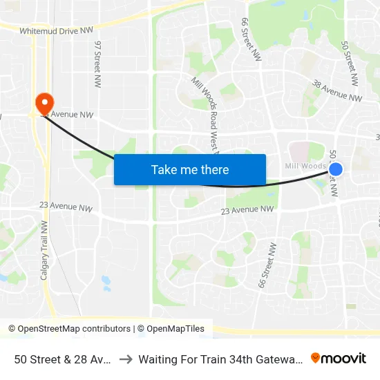 50 Street & 28 Avenue to Waiting For Train 34th Gateway Blvd. map