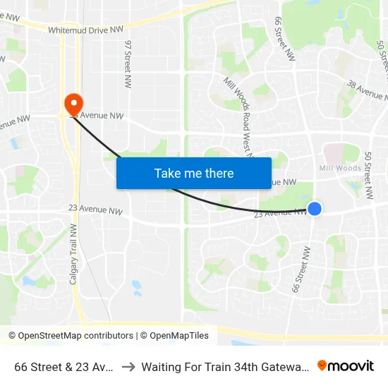 66 Street & 23 Avenue to Waiting For Train 34th Gateway Blvd. map