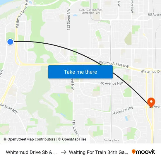 Whitemud Drive Sb & 53 Avenue to Waiting For Train 34th Gateway Blvd. map