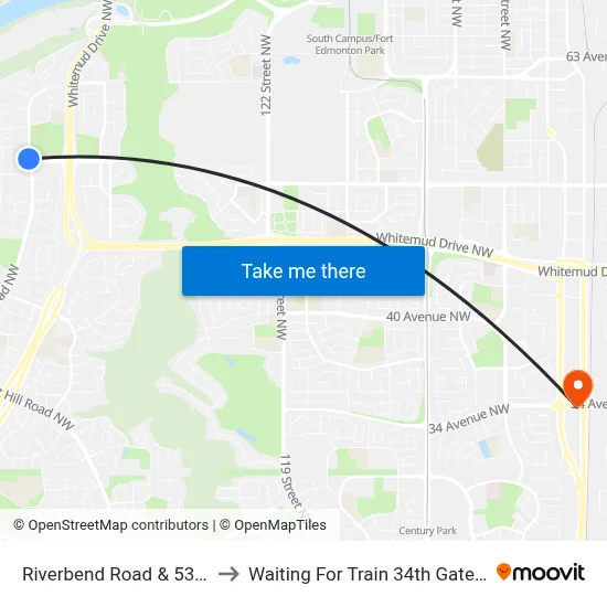 Riverbend Road & 53 Avenue to Waiting For Train 34th Gateway Blvd. map