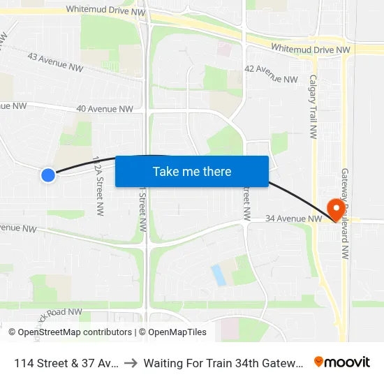 114 Street & 37 Avenue to Waiting For Train 34th Gateway Blvd. map