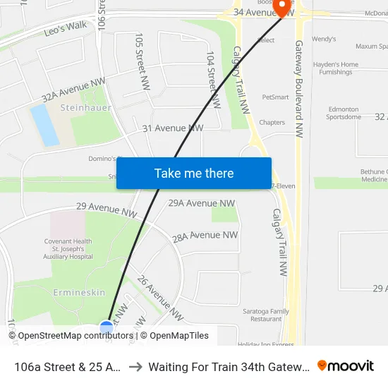 106a Street & 25 Avenue to Waiting For Train 34th Gateway Blvd. map