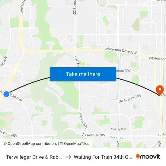 Terwillegar Drive & Rabbit Hill Road to Waiting For Train 34th Gateway Blvd. map
